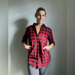 Buffalo Plaid Tunic Shirt Red Black Medium Cotton With Pockets